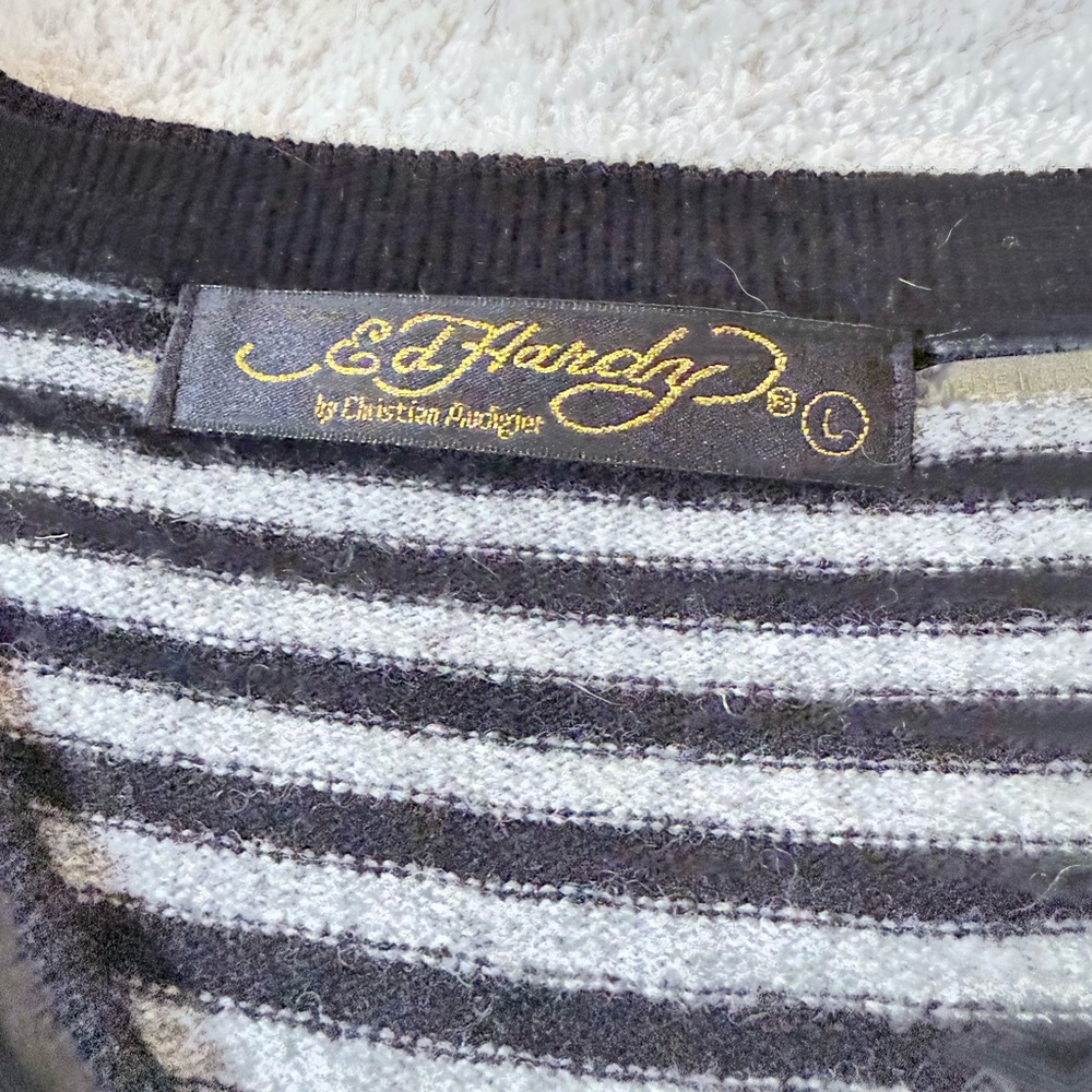 Ed Hardy Black and Blue Striped V-Neck Sweater - Picture 2 of 5